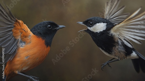 Two colorful birds in an animated confrontation, showcasing vibrant plumage and lively expressions in nature. photo