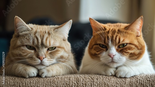 Two adorable cats resting together, showcasing their distinct fur patterns and expressions in a cozy environment. photo