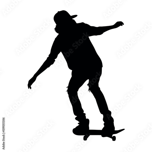 A man is riding a skateboard. He is wearing a hat and a hoodie. He is holding his hand out
