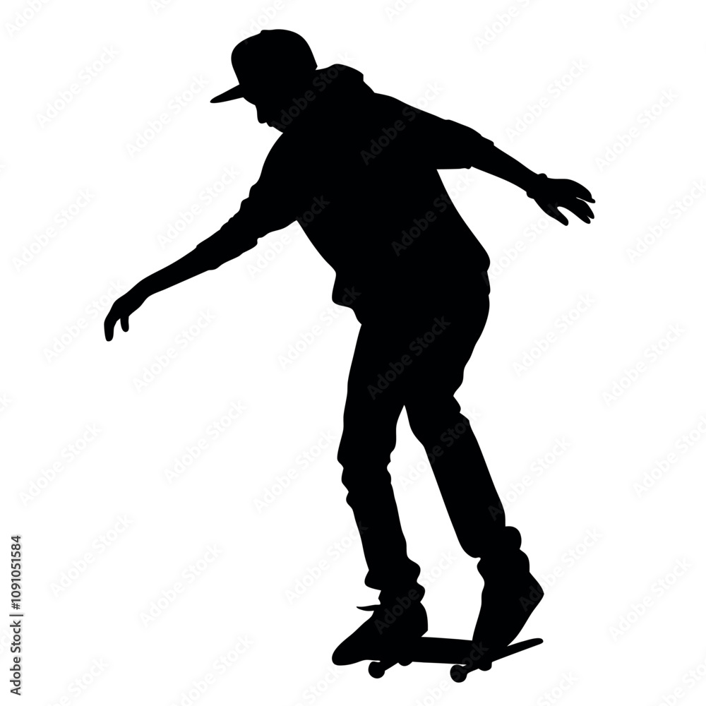 Fototapeta premium A man is riding a skateboard. He is wearing a hat and a hoodie. He is holding his hand out