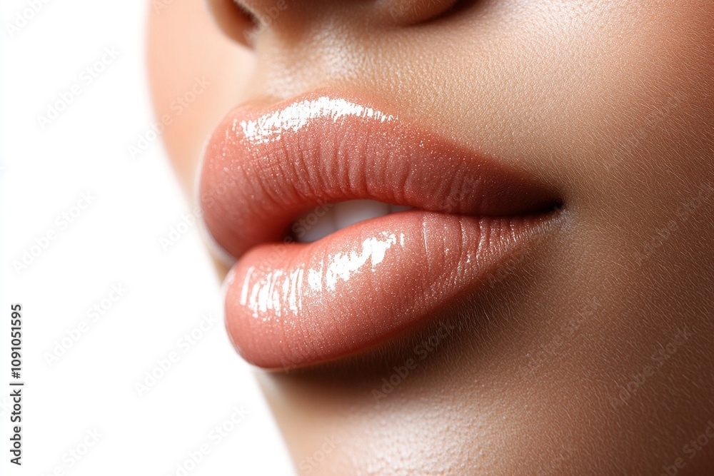 Fototapeta premium Close up of glossy pink lips with natural texture and soft glowing finish