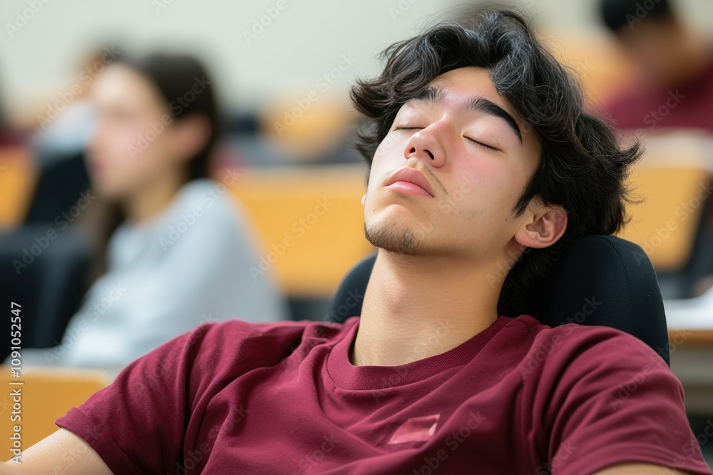 Fototapeta premium Young man resting with closed eyes in a classroom setting, focusing on relaxation and tranquility amidst a group of students engaged in learning activities.