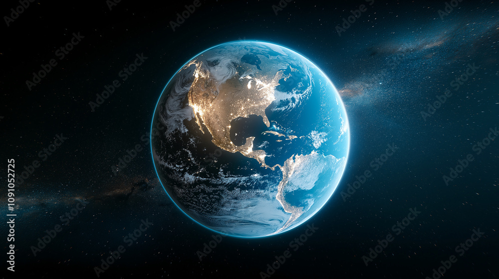 Fototapeta premium stunning night view of Earth from space, highlighting illuminated cities and vast expanse of cosmos. image captures beauty of our planet against backdrop of Milky Way galaxy