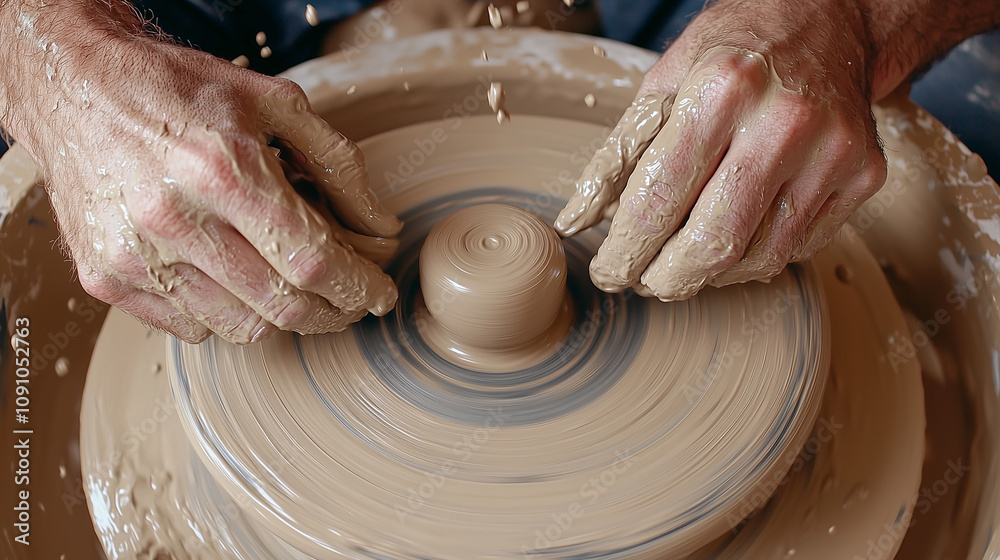 Hands Shaping Clay on a Pottery Wheel in an Artistic Studio Hands Shaping Clay on a Pottery Wheel in an Artistic Studio