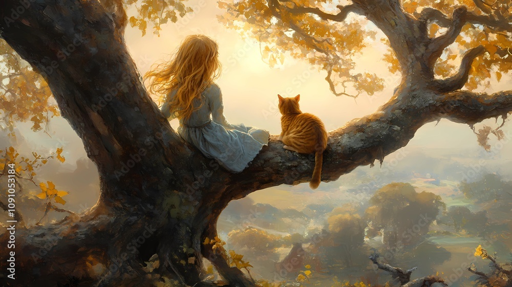 Obraz premium A young girl sitting peacefully on a sturdy tree branch, her back leaning against the trunk as she gazes out over the landscape, with a contented cat curled up beside her, bathed in the soft glow