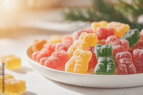 Colorful gummy bears arranged on a white plate with soft natural light and leafy backdrop providing a cheerful and vibrant atmosphere for food photography