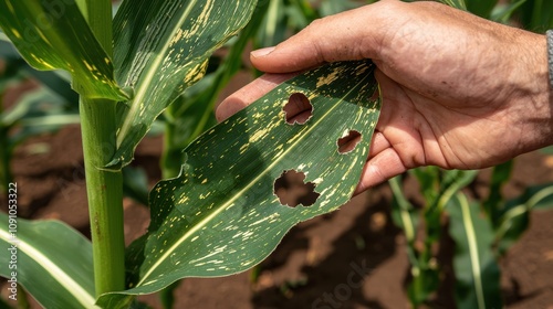 A hand examines a damaged corn leaf, showing holes and discoloration, indicating potential pest or disease issues in a cornfield.