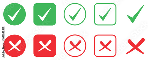 Set of check marks and cross mark. Check box icon with yes or no checkmark icons. Circle and square. Vector illustration