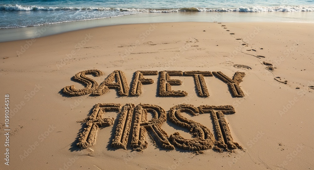 Fototapeta premium safety first lettering on sand in beach on summer