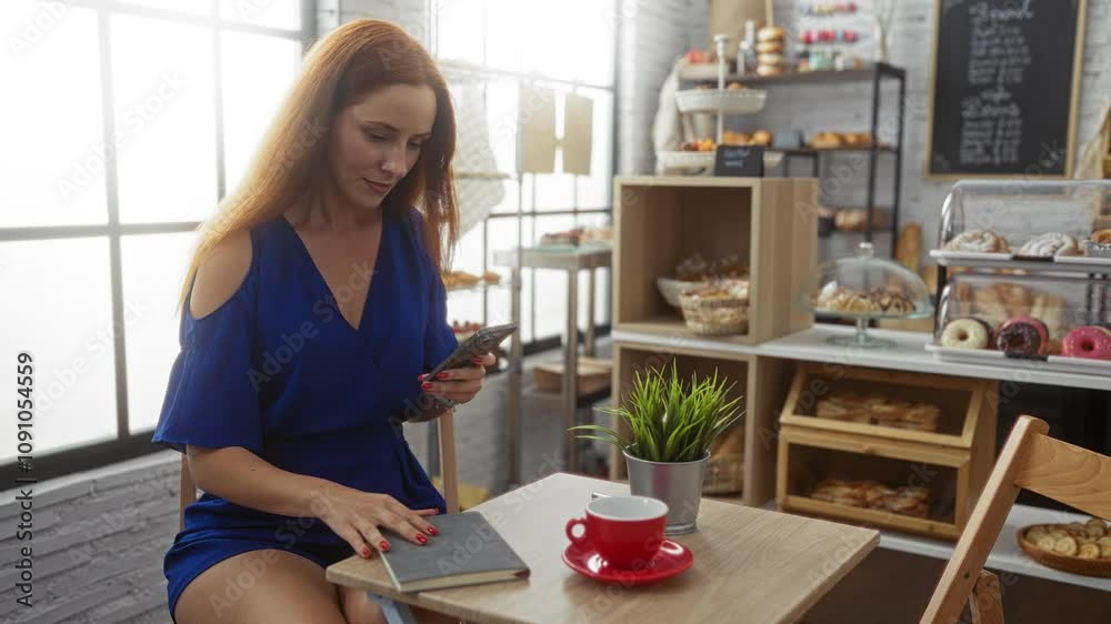 Young woman in a blue dress taking photos of a coffee cup with her smartphone in a cozy coffee shop Young woman in a blue dress taking photos of a coffee cup with her smartphone in a cozy coffee shop