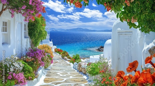 Idyllic Greek Island Seaside Path with Colorful Flowers and White Architecture