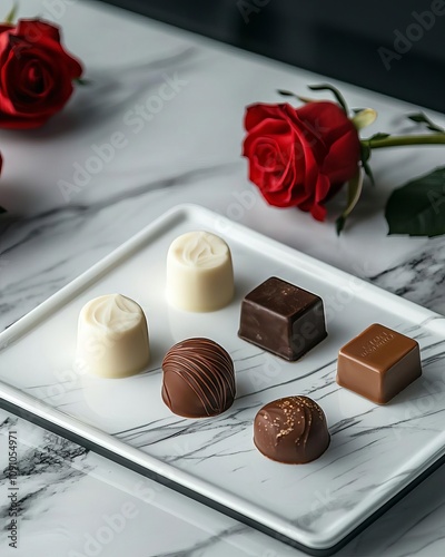 Chocolates and red roses on a marble table, Classic romance, Luxurious gestures, Valentine's Day