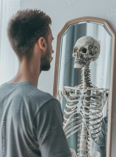 A healthy person standing before a mirror showing a skeletal reflection photo