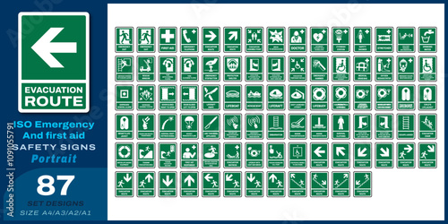 87 set iso emergency and first aid safety signs v70_evacuation route_portrait size a4/a3/a2/a1