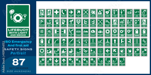 87 set iso emergency and first aid safety signs v67_lifebuoy with light and smoke_portrait size a4/a3/a2/a1