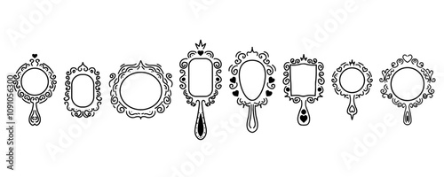 Hand drawn princess mirror set. Doodle frame princess mirror. Border photo cute baby queen decoration. Stock vector illustration isolated on white background.