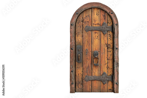 Old Wooden Door with Metal Hinges Isolated on Transparent Background