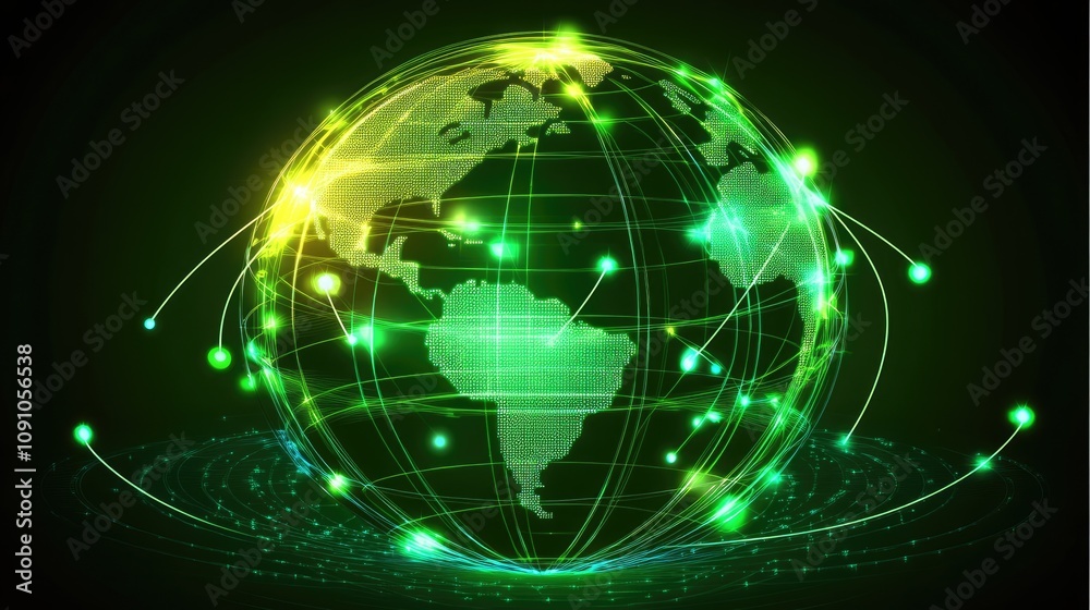Fototapeta premium Globe with neon grid overlay, holographic style, connecting lights in green and cyan, dark backdrop, high-resolution illustration
