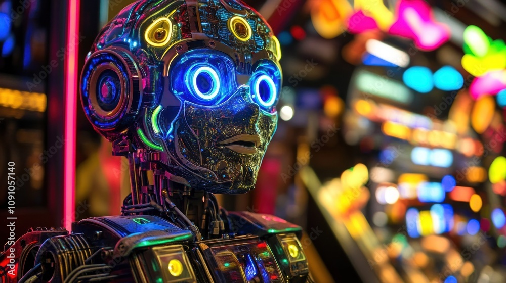 Fototapeta premium A futuristic robot with glowing features in a vibrant arcade setting.
