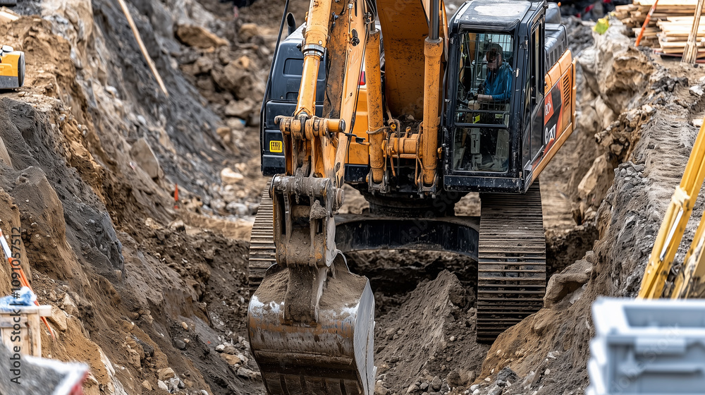 Fototapeta premium Heavy-Duty Construction Equipment Operating on Site