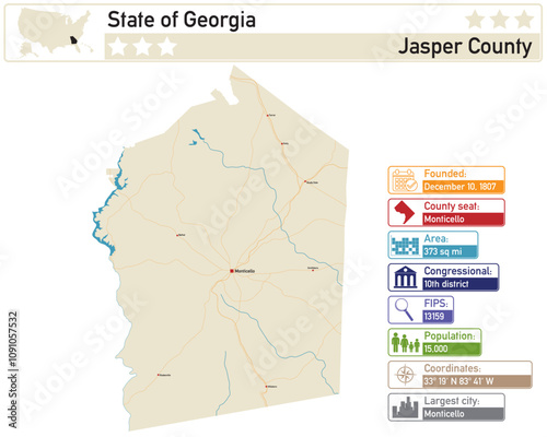 Detailed infographic and map of Jasper County in Georgia USA.