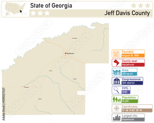 Detailed infographic and map of Jeff Davis County in Georgia USA.