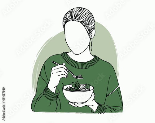 Woman eating salad, outline vector illustration, sketch