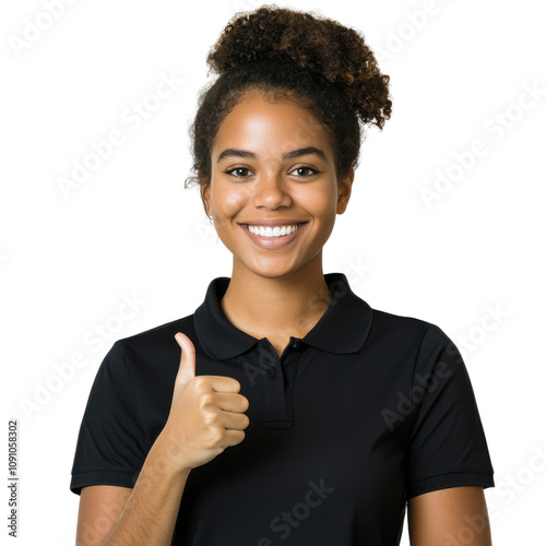 Wallpaper Mural Joyful young woman with curly hair wearing a black polo shirt and giving a thumbs up, expressing positivity and confidence in a professional setting. Torontodigital.ca