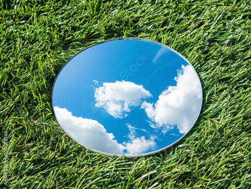 A small round mirror lies on vibrant green grass, reflecting a single white cloud in a bright blue sky photo