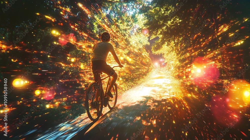 Naklejka premium A young man pedaling a bicycle along a sunlit path, surrounded by bursts of colorful, glowing energy that form dynamic shapes, conveying joy and adventure