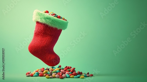 An animated Christmas stocking with candy spilling out, glowing against a pastel green background