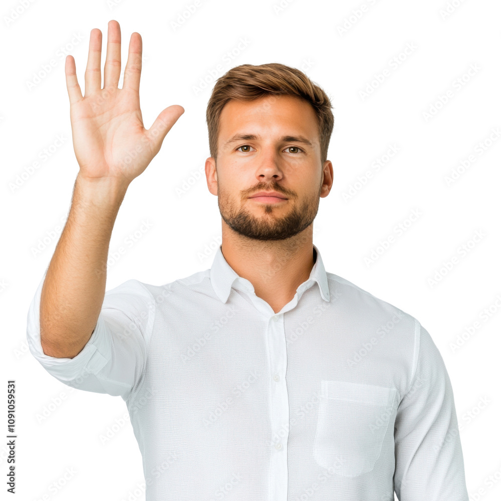 Confident Young Man Raising Hand with a Welcoming Gesture, Isolated on White Background, Perfect for Business, Communication, and Professional Concepts Confident Young Man Raising Hand with a Welcoming Gesture, Isolated on White Background, Perfect for Business, Communication, and Professional Concepts