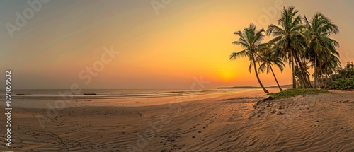 A serene beach at sunset with palm trees, capturing the beauty of nature.