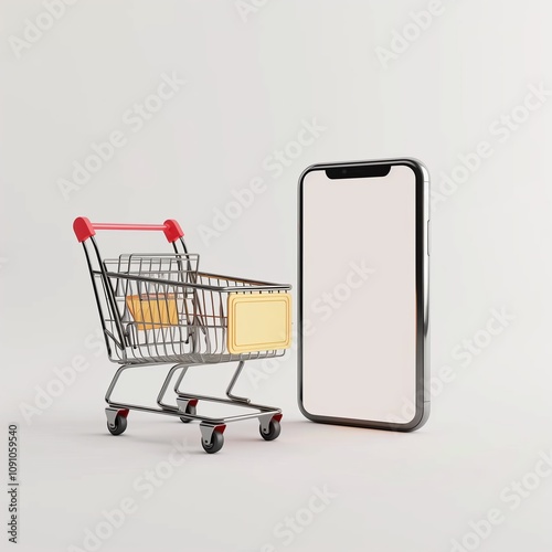 3D illustration of a shopping cart next to a smartphone, symbolizing e-commerce, digital shopping, and the convenience of online retail platforms