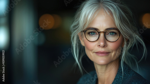 Sofisticated woman with glasses poses confidently in a stylish indoor setting during the evening hours. Generative AI photo