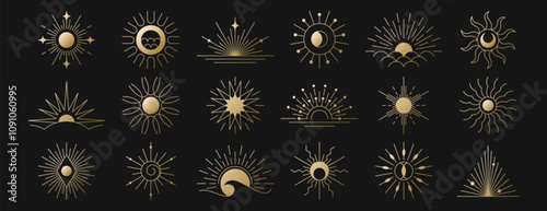 Set of golden linear boho sunrise logo, sunset icons, light beam or morning sun rays. Hand drawn sunburst, outline sunbeams, sunshine. Mystic symbols, magic esoteric gold line bohemian design elements