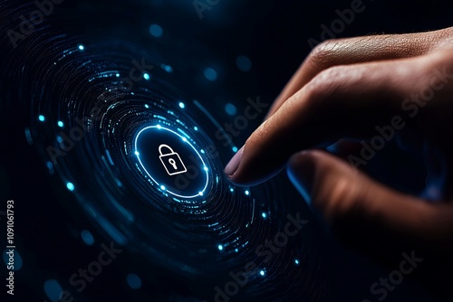 A close-up image of a hand interacting with a digital lock icon, representing security and technology advancements.
