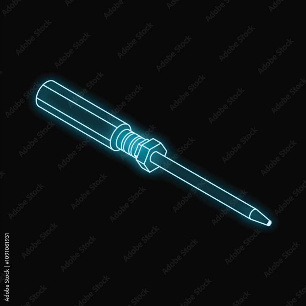 Fototapeta premium Neon screwdriver glowing on a black background with copy space