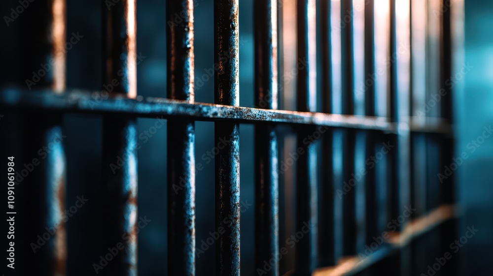 A close-up view of prison bars casting shadows, highlighting a gritty, somber atmosphere with a focus on confinement and isolation. A close-up view of prison bars casting shadows, highlighting a gritty, somber atmosphere with a focus on confinement and isolation.