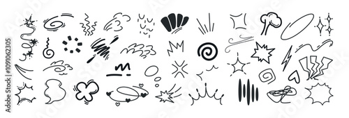 Line movement elements, japanese manga emotion effects doodle icons set. Hand drawn anime comic expression symbols or scribbles. Explosions, swirl, emphasis, wind, sparkles and decorative action lines