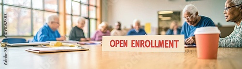 Seniors in a community center attending an enrollment workshop, bright setting,  