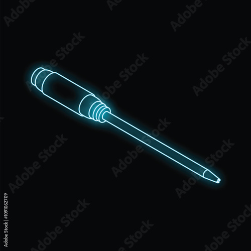 Neon screwdriver tool glowing on black background, construction and repair service concept