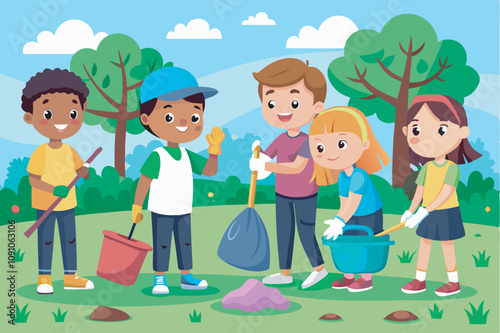 Five children enthusiastically clean up a park, using tools like shovels and rakes. They wear gloves, smile, and work together amid scattered trash, creating a communal atmosphere.