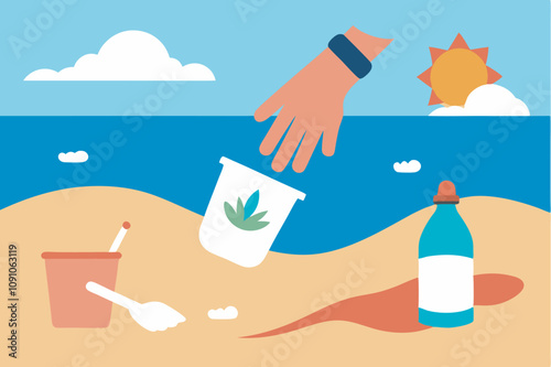 A giant hand emerges from the sea, cleaning up a beach cluttered with items like an umbrella, surfboard, cup, fork, bottle, and toy shovel.