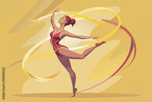 A woman in a red costume performs a ballet routine on pointe shoes. Yellow background with swirling elements enhances the artistic vibe.