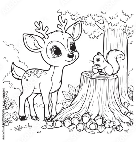 coloring page deer with squirrel under tree
