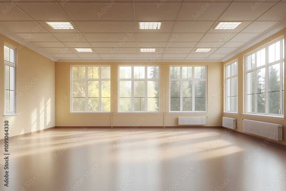 Fototapeta premium Sunlit Modern Empty Room Interior Design: Spacious Architecture with Large Windows and Light Wood Flooring