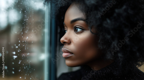 woman looking out of a window from inside, their reflection showing a somber expression