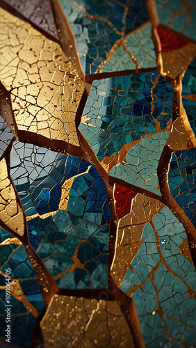 Abstract mosaic art with gold crackle effect.  Colorful decorative tile pattern. photo