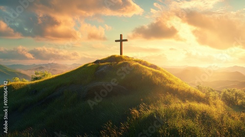 Simple wooden cross of Christ on a grassy hill, with a bright, clear blue sky above, representing faith and simplicity 